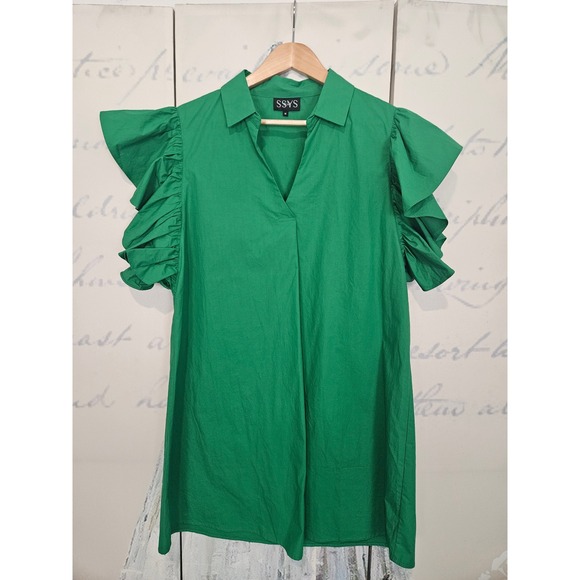 SSYS The Label Dresses & Skirts - SSYS The Label Green Ruffle Butterfly Sleeve Cotton Poplin Mini Dress Tunic M‎